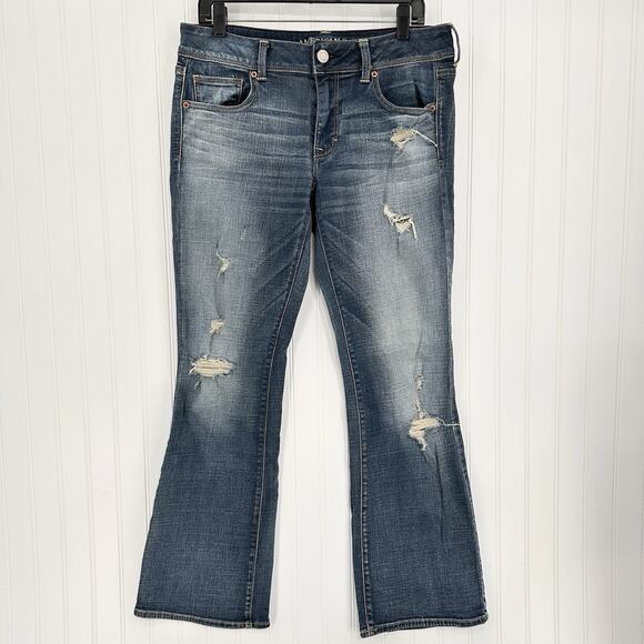 American Eagle Outfitters Denim - American Eagle Jeans Womens 12 Kick Boot Blue Denim Distress Grunge Western EUC